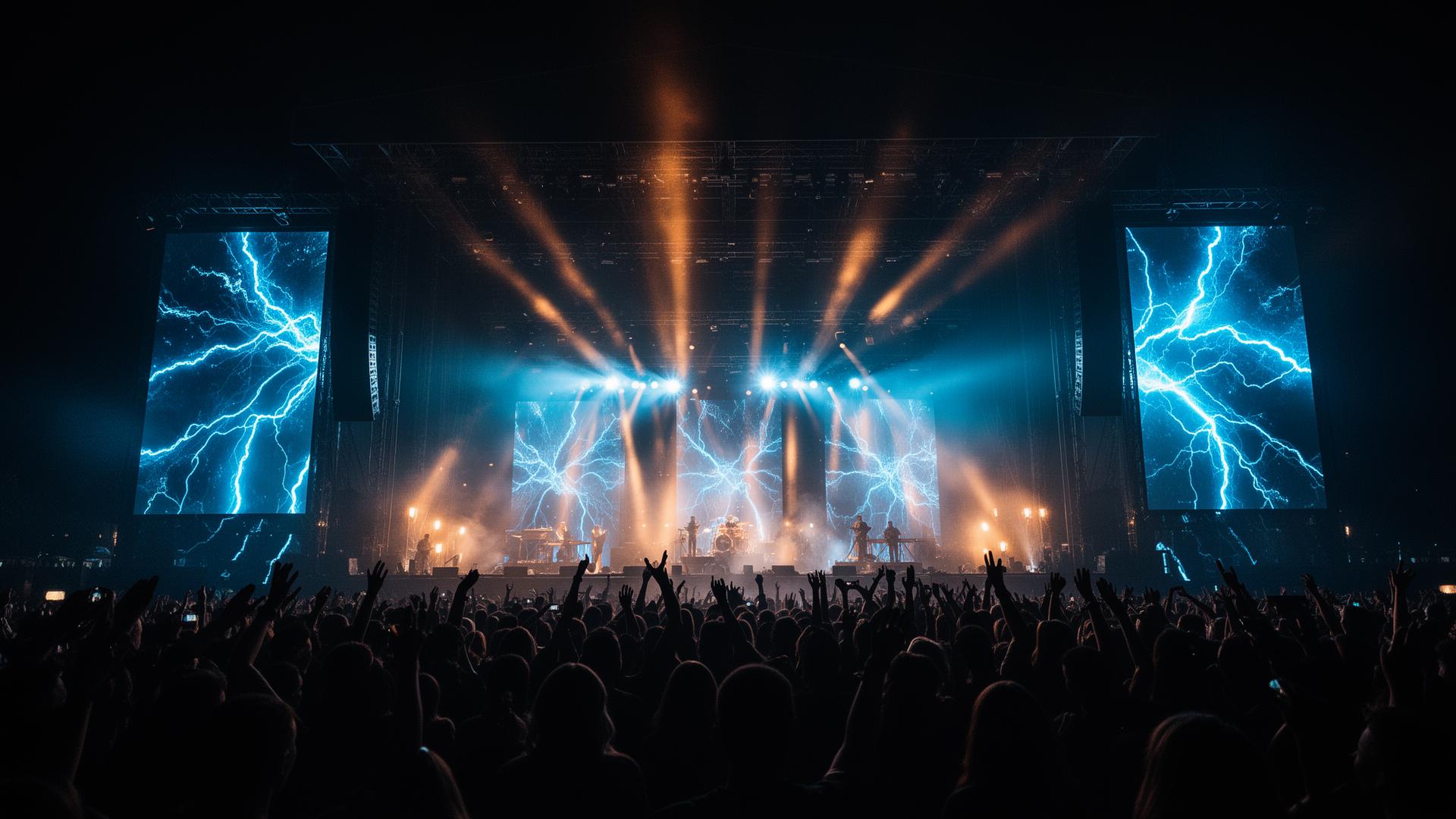 Concert stage with LED video walls, blue lighting, and crowd